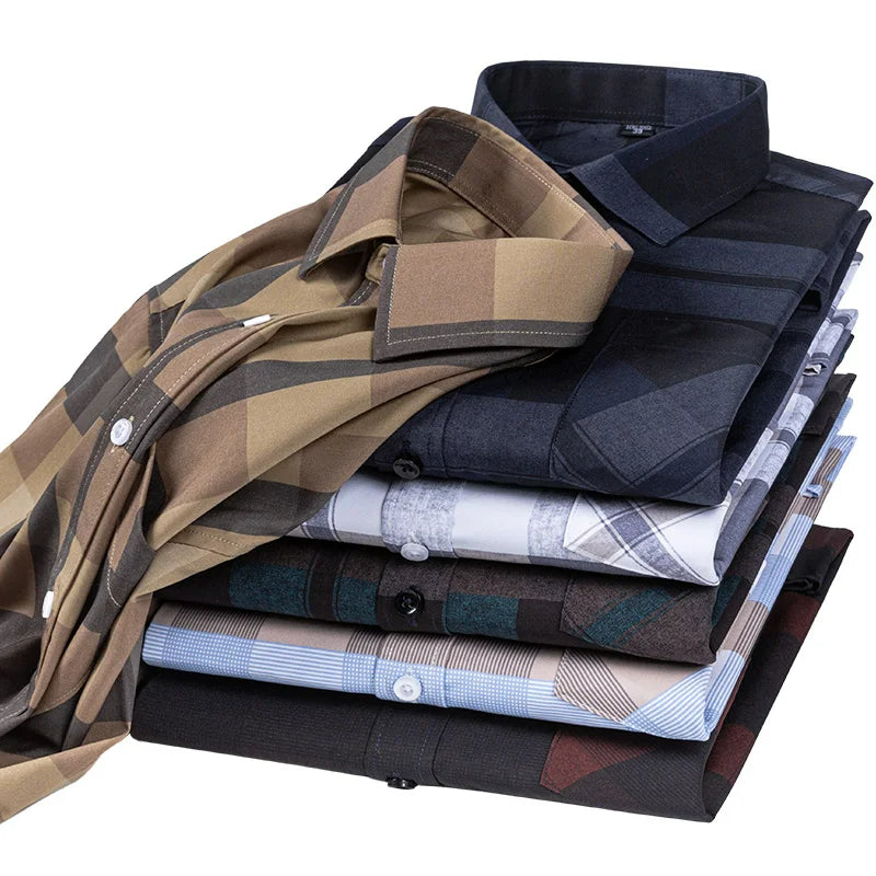 Men's Fashion Shirts Casual Slim Plaid Striped Men Clothing Business (Pack of 4)
