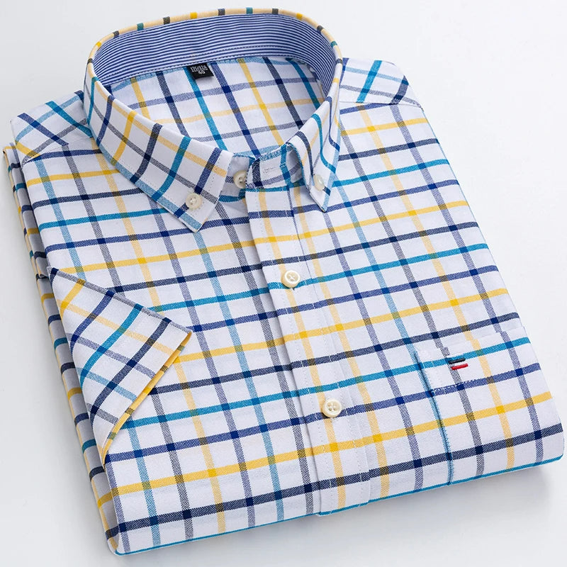 100% Cotton Breathable Men Oxford Short Sleeve Summer Plaid Shirt (Pack of 4)
