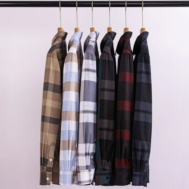 Men's Fashion Shirts Casual Slim Plaid Striped Men Clothing Business (Pack of 4)