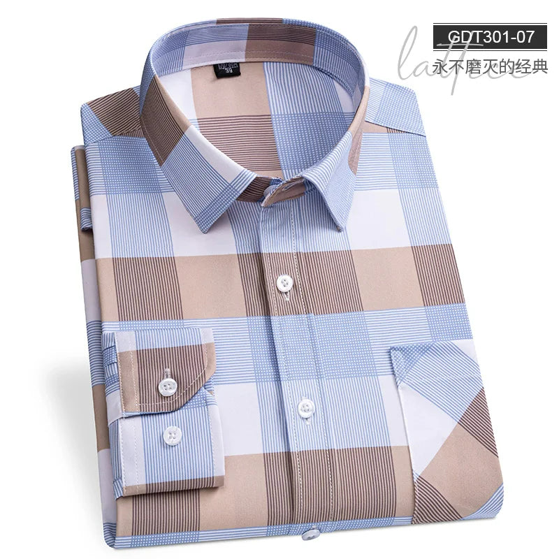 Men's Fashion Shirts Casual Slim Plaid Striped Men Clothing Business (Pack of 4)