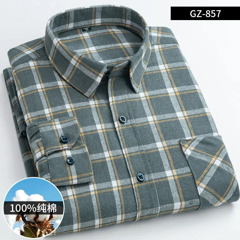 New 100% Cotton Sanding Fabric Standard-fit Men Casual Plaid Brushed Flannel Shirt