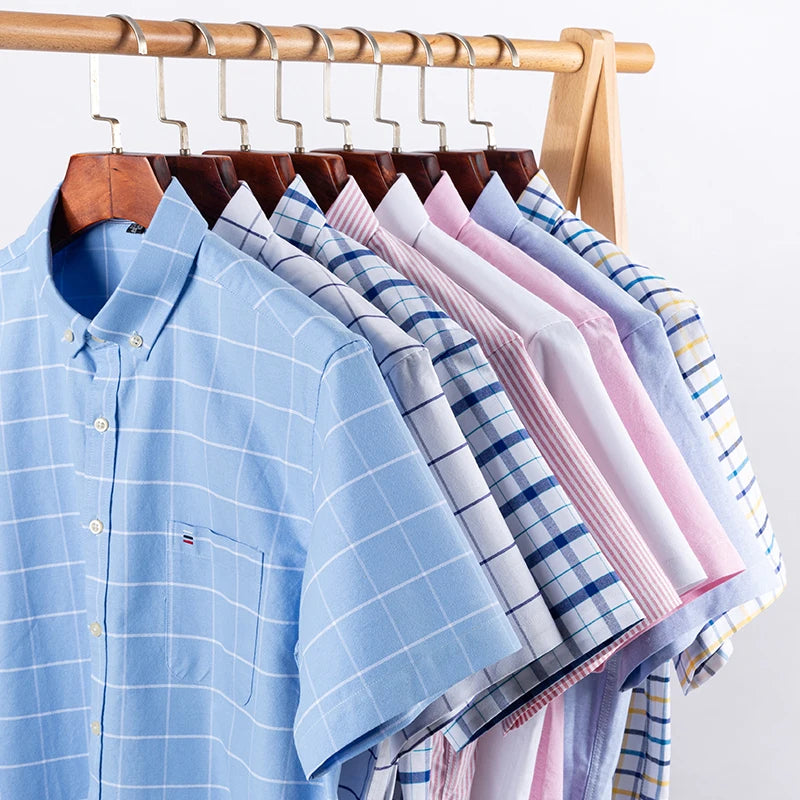 100% Cotton Breathable Men Oxford Short Sleeve Summer Plaid Shirt (Pack of 4)