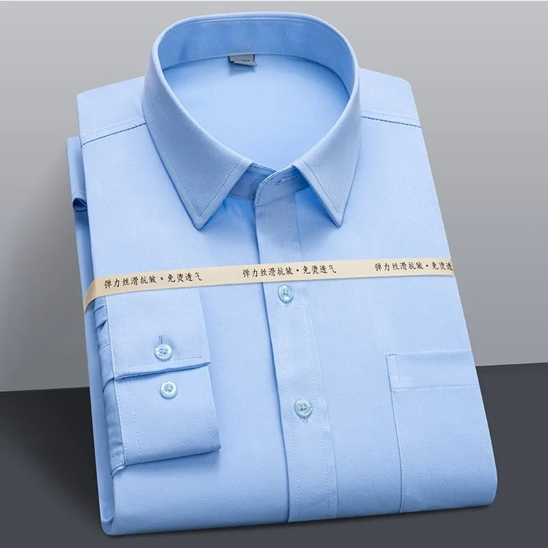 Men Business Office Stretchy Silky Non-Iron Dress Shirt Pocket Long Sleeve