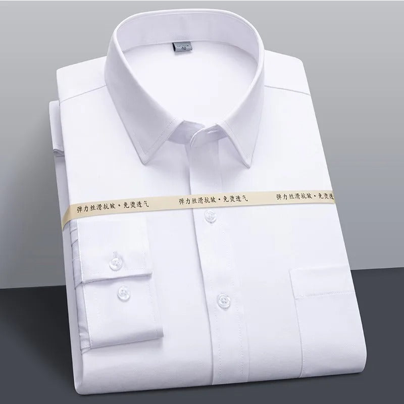 Men Business Office Stretchy Silky Non-Iron Dress Shirt Pocket Long Sleeve
