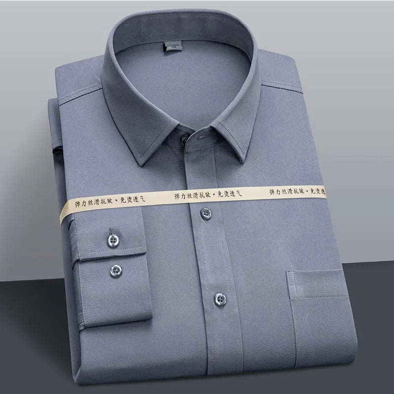 Men Business Office Stretchy Silky Non-Iron Dress Shirt Pocket Long Sleeve