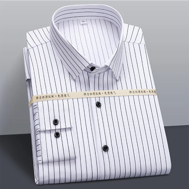Men Business Office Stretchy Silky Non-Iron Dress Shirt Pocket Long Sleeve