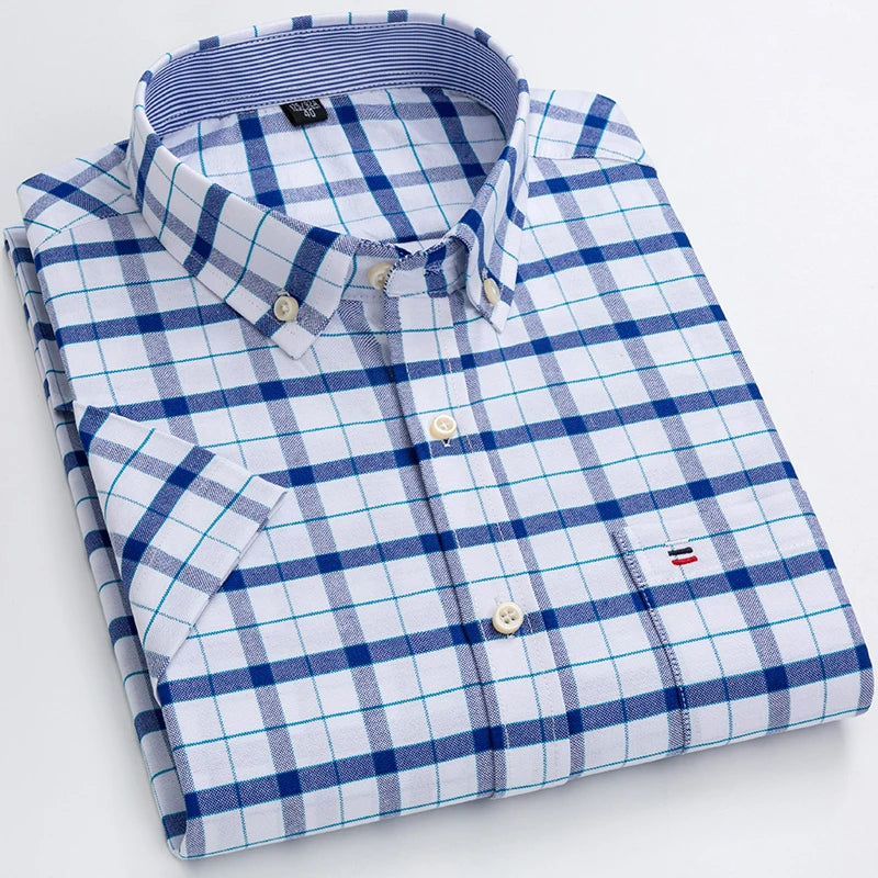 100% Cotton Breathable Men Oxford Short Sleeve Summer Plaid Shirt (Pack of 4)