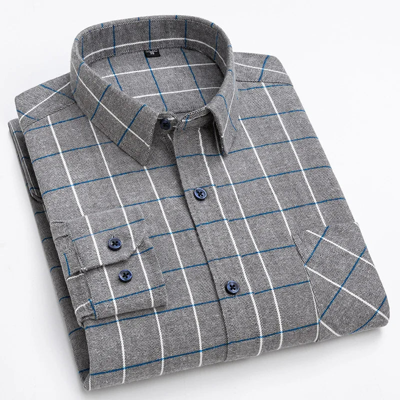 New 100% Cotton Sanding Fabric Standard-fit Men Casual Plaid Brushed Flannel Shirt