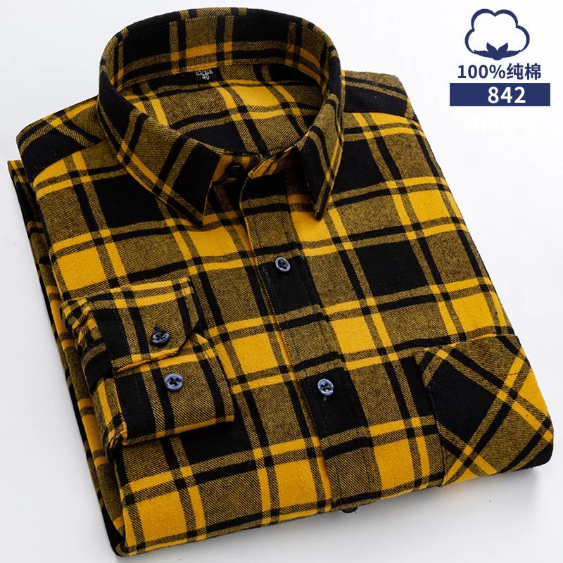 New 100% Cotton Sanding Fabric Standard-fit Men Casual Plaid Brushed Flannel Shirt