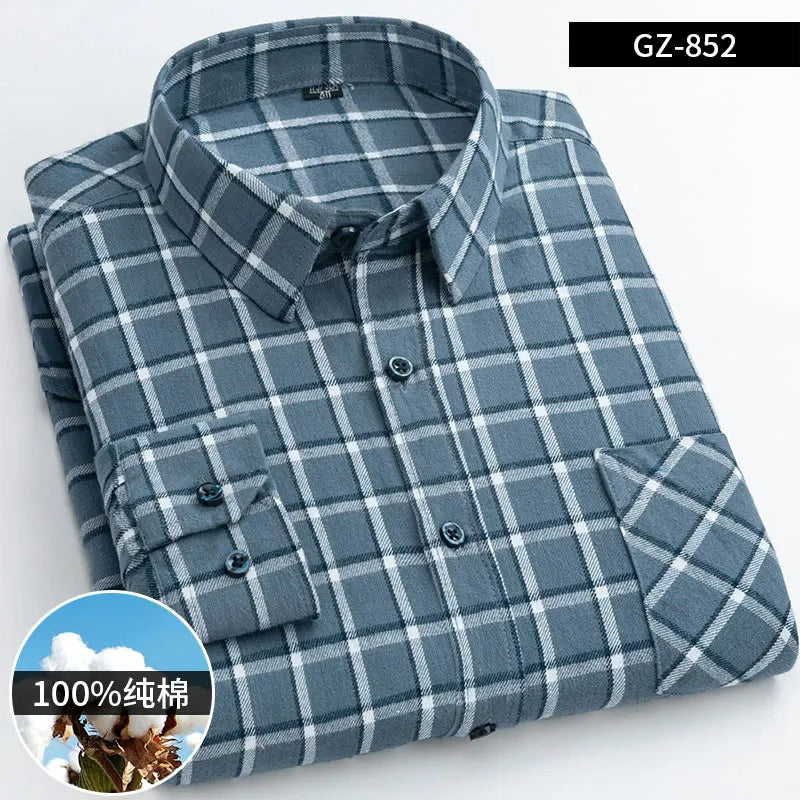 New 100% Cotton Sanding Fabric Standard-fit Men Casual Plaid Brushed Flannel Shirt