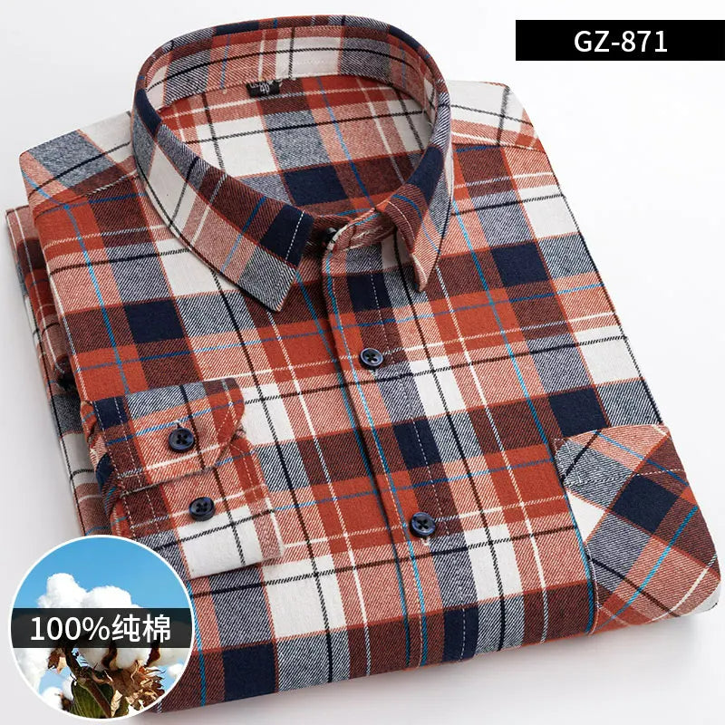 New 100% Cotton Sanding Fabric Standard-fit Men Casual Plaid Brushed Flannel Shirt