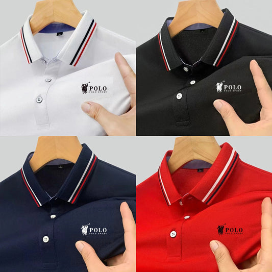 Men's fashionable solid color short sleeved polo T-shirt (Pack of 4)