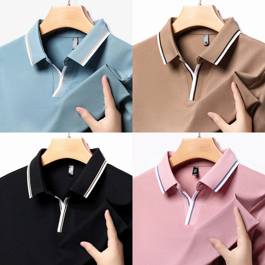 ummer Men's Solid Short Sleeved Striped Lapel Polo T-Shirt (Pack of 4)